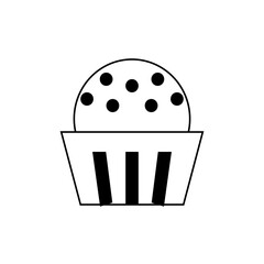 A simple black and white line drawing of a cupcake with sprinkles in a striped wrapper design icon