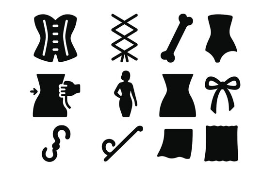Antique Corset Icons. Solid style icons of Antique Body Shaper: Corset, Laces, Bone, Tightening, Silhouette, Waist, Hook, Ribbon,