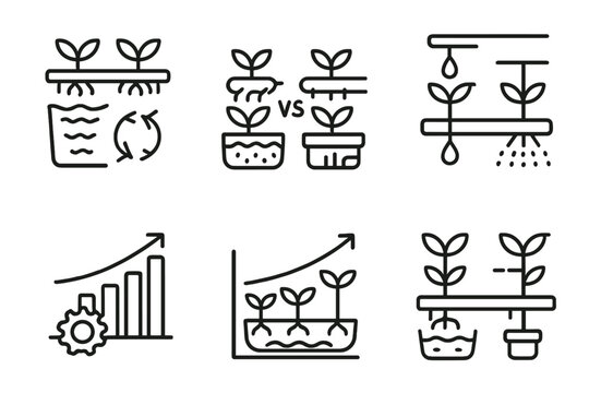 Hydroponics System Icons. Line style icons of hydroponics: hydro system comparison, DWC vs NFT icons, drip vs aeroponics diagram,