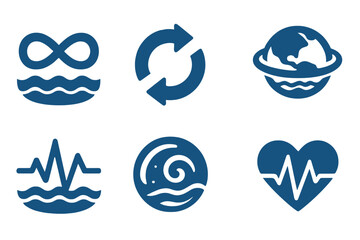 Symbolic Circulation Icons. Solid style icons of symbolic circulation: Infinity Loop Over Ocean, Interlocking Arrows, Earth with