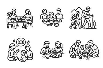 Fototapeta premium Tech-Free Family Activities. Line style icons of Tech-Free Family Time: board game night, shared meal icon, group hike,