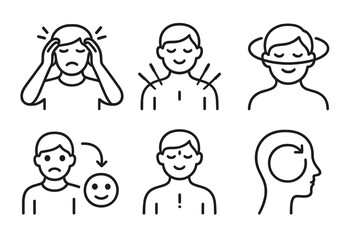 Acupuncture Icons Set. Line style icons of acupuncture: anxiety and stress relief, relaxed posture with needles, calm wave around