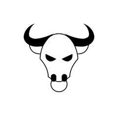 Illustration of a bull's head with curved horns and a ring in its nose, presented in black and white