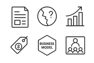 Pitch Deck Icons. Line style icons of Pitch Deck Review: Executive summary file, problem statement icon, solution overview chart,