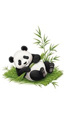 Obraz premium Adorable baby panda bear sleeping peacefully on green grass with bamboo shoots.