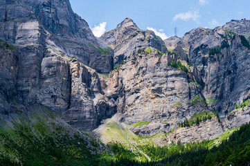 Steep Rock Walls of Gemmi Pass in the Swiss Alps. Leukerbad, Valais, Switzerland.