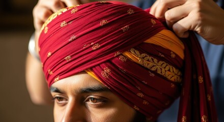Guru Nanak Jayanti turban being tied on man’s head. Guru Nanak Jayanti celebration features vibrant fabric, hands adjusting intricate folds, religious custom in motion,