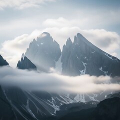 Majestic Mountain Peaks Emerging from Soft Clouds in a Dramatic Landscape.