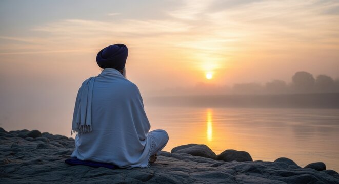 Guru Nanak Jayanti celebration with man sitting near lake during sunrise. Contemplative man dressed in white celebrates Guru Nanak Jayanti,