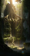 Ancient Temple Ruins Enveloped by Lush Jungle Vegetation and Sunlight.
