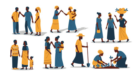 Diverse African Community Illustration Depicting Family Life, Social Interaction, and Agricultural Activities for Cultural and Educational Resources.
