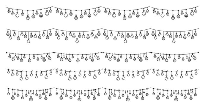 Hanging string‑light garland borders &ndash; festive Edison bulb rows in minimalist line art for holiday d&eacute;cor