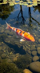 Vibrant Orange and White Koi Fish Swimming in a Clear Pond with Lily Pads Above.