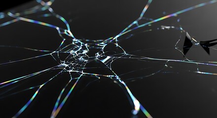 Close up of a shattered glass screen with rainbow light refractions.
