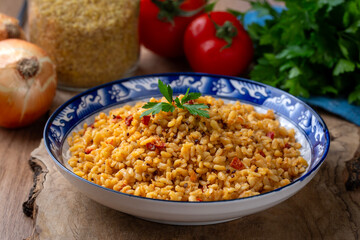 Bulgur pilaf with quinoa, food concept photo. Turkish name; kinoali bulgur pilavi