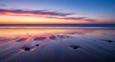 Serene Beach Sunset Reflection - A Symphony of Colors.