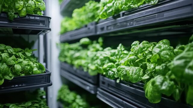 Vertical Farming - Rows of Fresh Greens Growing Indoors.
