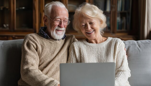 Senior Caucasian Couple Enjoying Video Call On Laptop, Laughing, Cuddling, And Chatting In Indoor Living Room. Mature Husband And Wife Connecting Online.