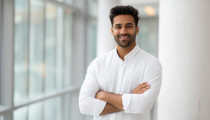 Confident Indian Businessman: A Professional Financial Analyst Poses With Crossed Arms, Displays Happy Face In Office Setting, Attracting Attention.