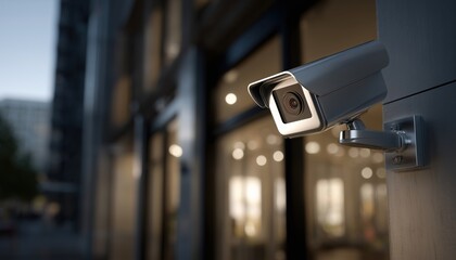 Cctv Surveillance Camera Mounted On Building Wall, Monitoring Blurred Entryway Area. Modern Security System Keeping Watch On Exterior Premises.