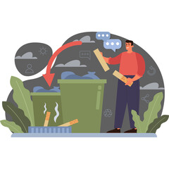 Angry Man Discarding Cigarettes Into Trash Bin With Red Arrow Indicating Disposal Surrounded By Green Leaves And Clouds