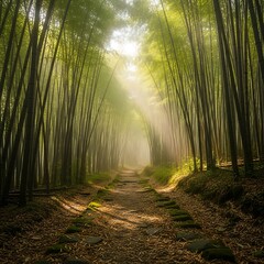 Sunlit Path Through a Serene Bamboo Forest.
