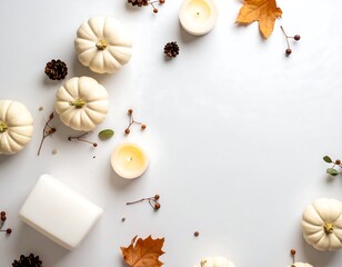 Autumnal Still Life with White Pumpkins and Candles on White Background.
