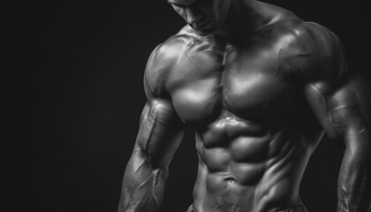 Fototapeta premium Muscular Bodybuilder Shows Off Fit Physique In Black And White Photo With Dramatic Lighting, Highlighting His Impressive Biceps.