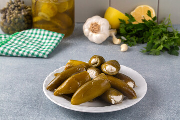 Cheese-stuffed jalapeno peppers. Turkish name; peynir dolgulu jalapeno