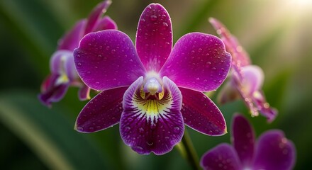 Close-up of a vibrant purple orchid flower in full bloom.