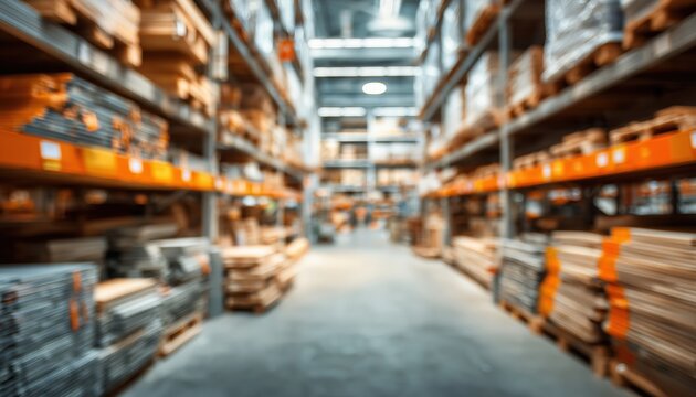 Blurry Home Improvement Store: Warehouse Aisle Filled With Building Materials In Industrial Setting. Abstract Background Of Diy Store.