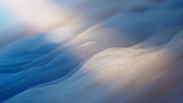 Abstract flowing waves of soft fabric in cool blue and warm cream tones with gentle lighting creating a serene and tranquil atmosphere suitable for
