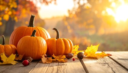 Autumn Harvest - Pumpkins and Leaves in Golden Sunlight.