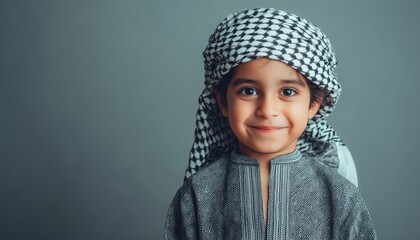 Portrait Of A Joyful Arab Middle Eastern Boy Wearing A Ghutra And Dishdash, Facing The Camera With Room For Text. Smiling Young Arabic Child Photograph.