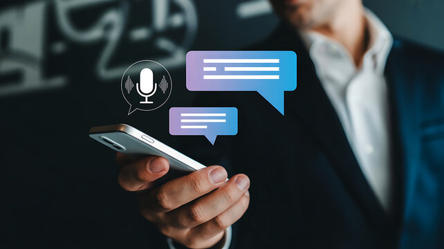 Professional businessman using smartphone for seamless voice messaging and modern communication in a sleek, dark office setting, connecting globally.