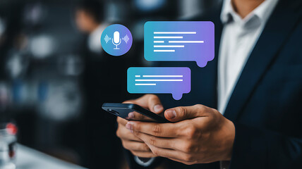 Professional businessman uses smartphone for instant messaging and voice notes, connecting digitally in a modern workspace with vibrant communication icons.
