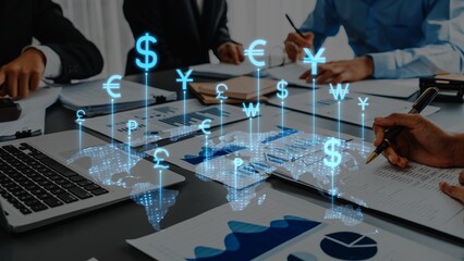 A business meeting focused on financial market trends, featuring currency symbols overlayed on a global map, showcasing teamwork and strategic planning in a modern office environment. Raster
