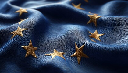Close-Up View Of Waving Euro Flag, Showing Fabric Texture And Folds In Detailed Render.