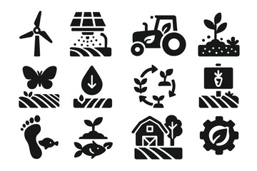 Fototapeta premium Sustainable Farming Icons. Solid style icons of sustainable precision farming: renewable energy windmill, solar-powered irrigation