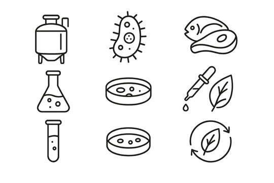 Microbial Innovation Icons. Line style icons of Microbial Innovation: Fermentation Tank, Microorganism, Protein Source, Future