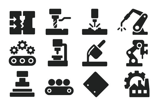 Manufacturing Icons Collection. Solid style icons of manufacturing methods: injection mold, milling cutter, laser cutter, welding