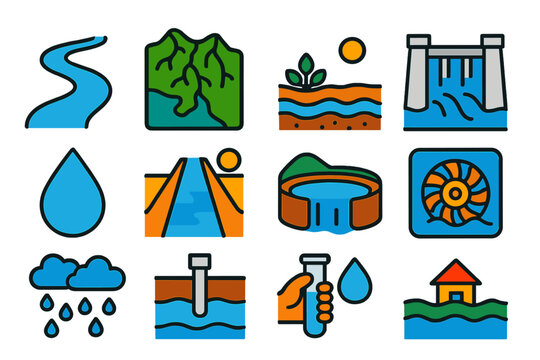 Hydrology Icon Set. Flat vector icons of Hydrology: river, watershed map, aquifer, dam, water droplet, irrigation canal, reservoir
