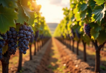 Fototapeta premium Bountiful Vineyard Rows Symphony Colors Harvest Abundance Organic Grapes Clusters Tranquil Rural Setting