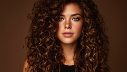 Naklejka premium Stunning Brunette With Beautiful Curls In Her Hair - A Look That Is Absolutely Enchanting And Mesmerizing To Behold.