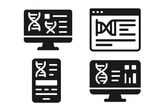 Bioinformatics Icons Collection. Solid style icons of interface and software: DNA GUI dashboard, sequence editor window,