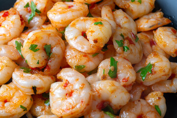 Delicious seafood grilled prawns - Prawns in garlic butter sauce with lemon and parsley sprinkled in a frying pan