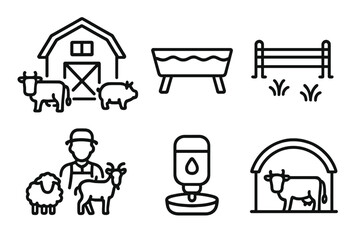 Animal Husbandry Icons. Line style icons of Animal Husbandry: barn with livestock, feeding trough, fenced pasture, caretaker with