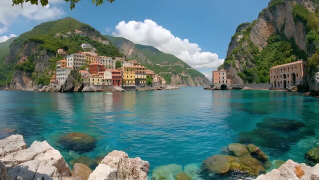 Wide-Angle Photographic Perspective of a Coastal Area Known for its Cliffside Villages and Sea