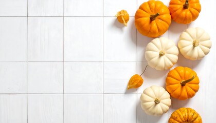 Autumnal Arrangement - Orange and White Pumpkins on White Tile.