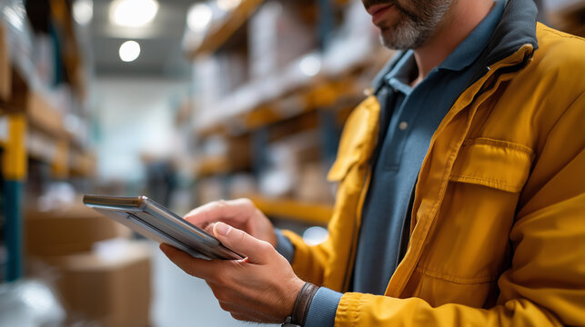 Faceless man warehouse worker with tablet computer digital inventory logistics technology warehouse management stock control distribution operations mobile device industrial - Powered by Adobe
